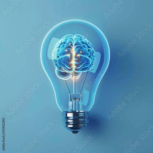 Obraz na płótnie A light bulb with a glowing brain inside, symbolizing creativity and innovation in mind design. The background is blue to represent professional designer work w salonie