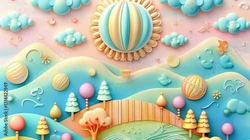 3D embossed paper illustration of a sun, clouds, and a hot air balloon in the sky, with light orange hills and colourful trees below, against a light pink background