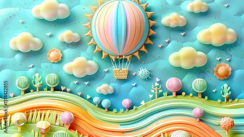 Obraz na płótnie 3D embossed paper illustration of a sun, clouds, and a hot air balloon in the sky, with light orange hills and colourful trees below, against a light pink background w salonie