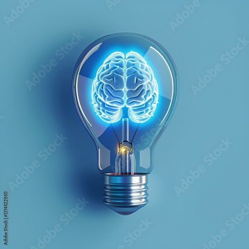 Obraz na płótnie A light bulb with a glowing brain inside, symbolizing creativity and innovation in mind design. The background is blue to represent professional designer work w salonie