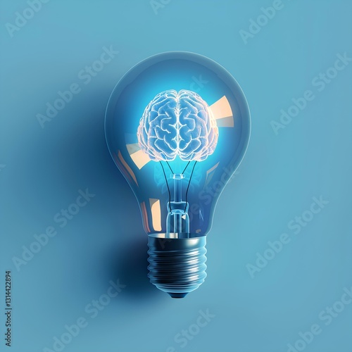 Obraz na płótnie A light bulb with a glowing brain inside, symbolizing creativity and innovation in mind design. The background is blue to represent professional designer work w salonie