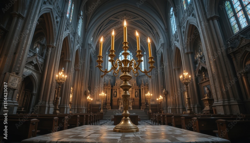 Fototapeta premium Ornate Gold Candelabra with Lit Candles in a Majestic Church Interior