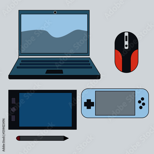 Modern Tech Devices: Laptop, Tablet, Gaming Console, Mouse, and Stylus.