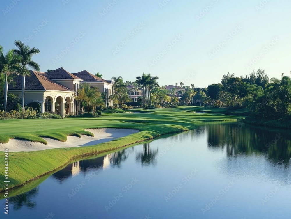 Obraz premium Serene Golf Course Landscape with Luxury Homes and Water Reflections