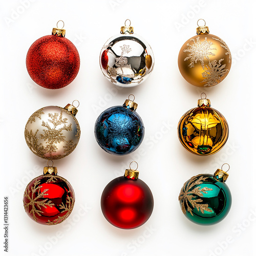 Nine colorful christmas ornaments festive holiday decorations winter season baubles red gold silver blue green glitter