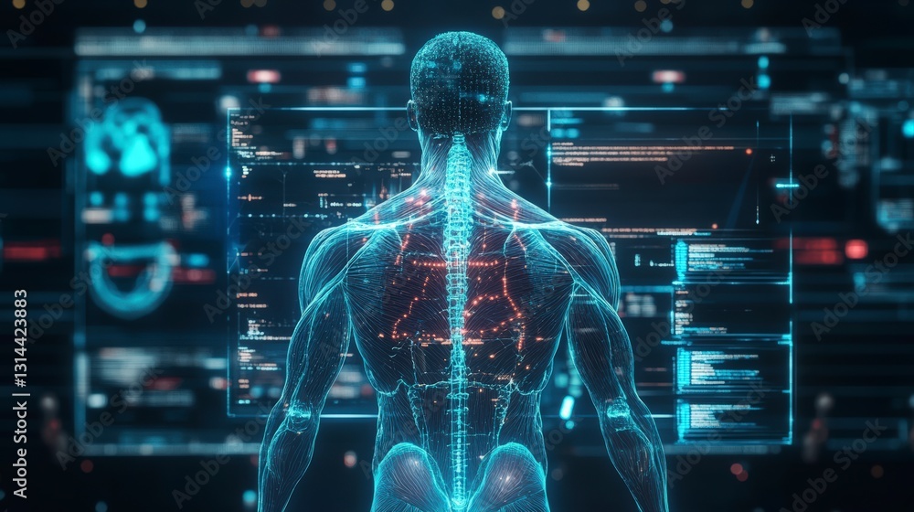 Digital Human Body Model On Futuristic Interface Featuring Glowing Digital Human Body Model On Futuristic Interface Featuring Glowing