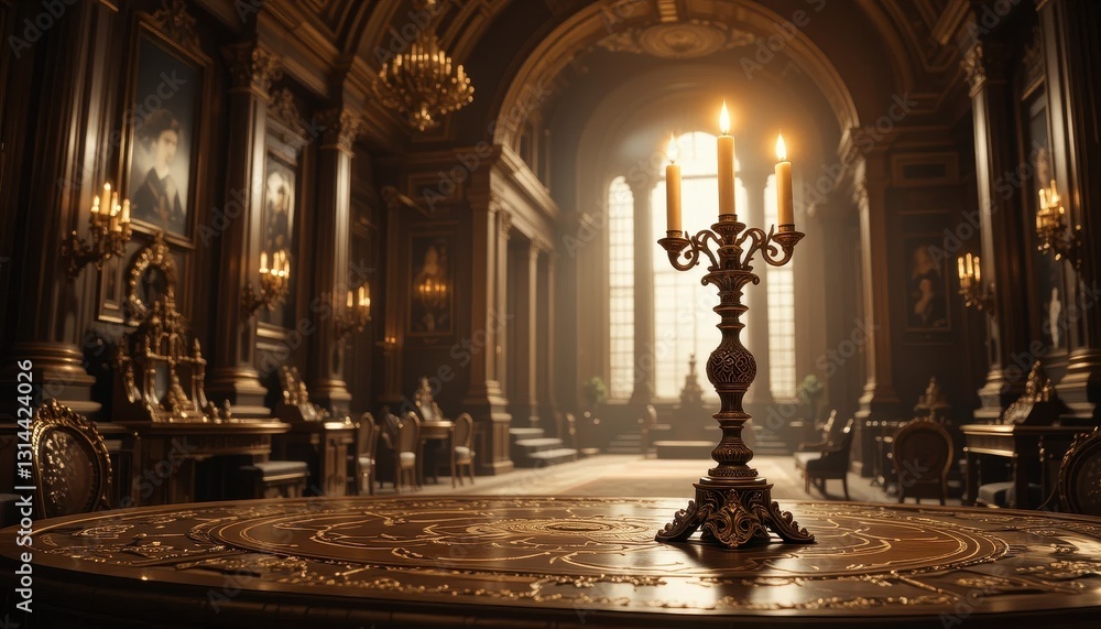 Fototapeta premium Elegant Candelabra on Ornate Table in Luxurious Grand Hall Interior