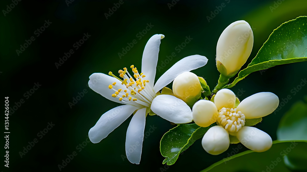 Fototapeta premium Close-Up of White Citrus Blossoms with Yellow Center and Dewdrops on Dark Green Background