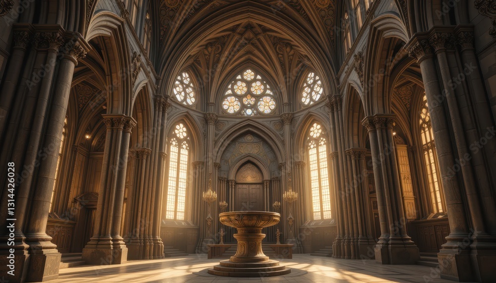 Fototapeta premium Sunlit Gothic Cathedral Interior Architecture Stone Columns and Stained Glass Windows