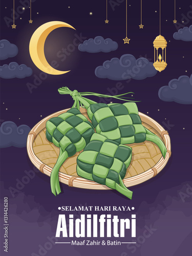 Hari Raya Aidilfitri background design with ketupat. Malay means Fasting day celebration, I seek forgiveness, physically and spiritually.