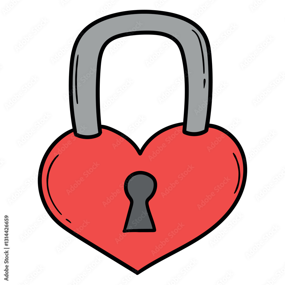 Hand drawn cartoon red closed heart padlock on white background. Hand drawn cartoon red closed heart padlock on white background.
