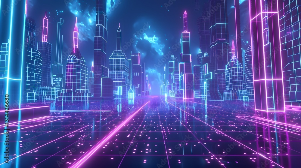 Futuristic Digital Landscape with Glowing Neon Lights and Geometric Wireframe Structures Futuristic Digital Landscape with Glowing Neon Lights and Geometric Wireframe Structures