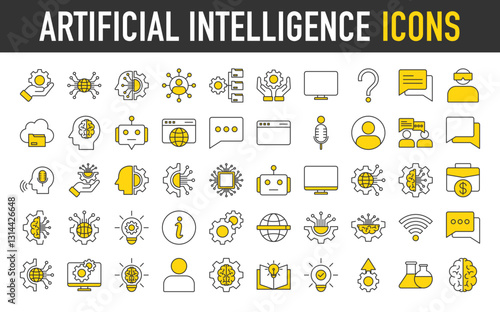 Set of Artificial Intelligence icon. Service, Digital, Robot, Data, Information, Learning, Future, Artificial Intelligence, Support, Help, Chat Bot, Conversation, Smart, Concept, Innovation vector. 