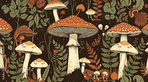 Vintage woodland nature seamless pattern. Amanita mushroom, fern, forest plants witchcraft wallpaper