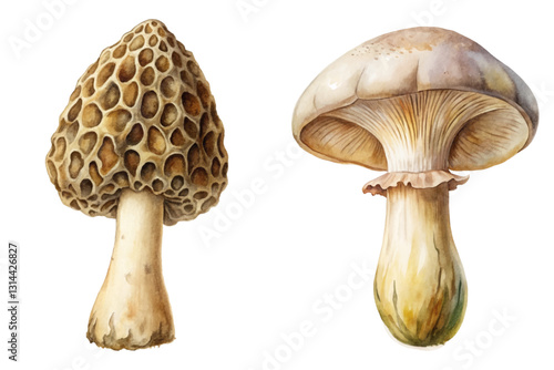 Detailed mushroom illustrations, realistic watercolor style, botanical art, nature study, edible mushrooms, artistic representation.