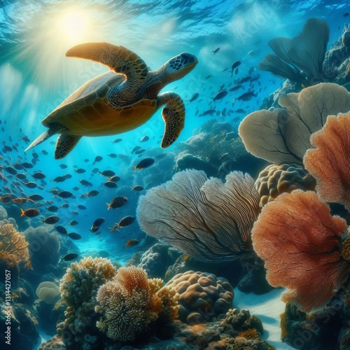 Coral Reef with Sea Turtle A coral reef scene featuring a sea tu