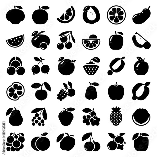 This image contains a collection of black silhouette icons of various fruits arranged in a grid pattern. The icons represent different fruits such as apples, pears, cherries, grapes, oranges, watermel
