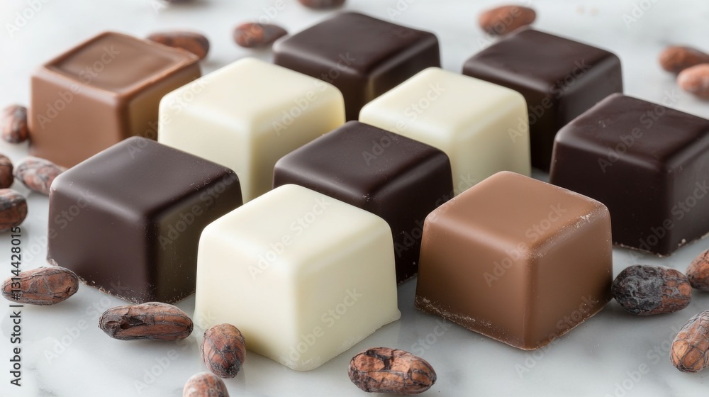 A visually appealing arrangement of dark, milk, and white chocolate squares on a marble surface, with decorative cocoa beans scattered around A visually appealing arrangement of dark, milk, and white chocolate squares on a marble surface, with decorative cocoa beans scattered around
