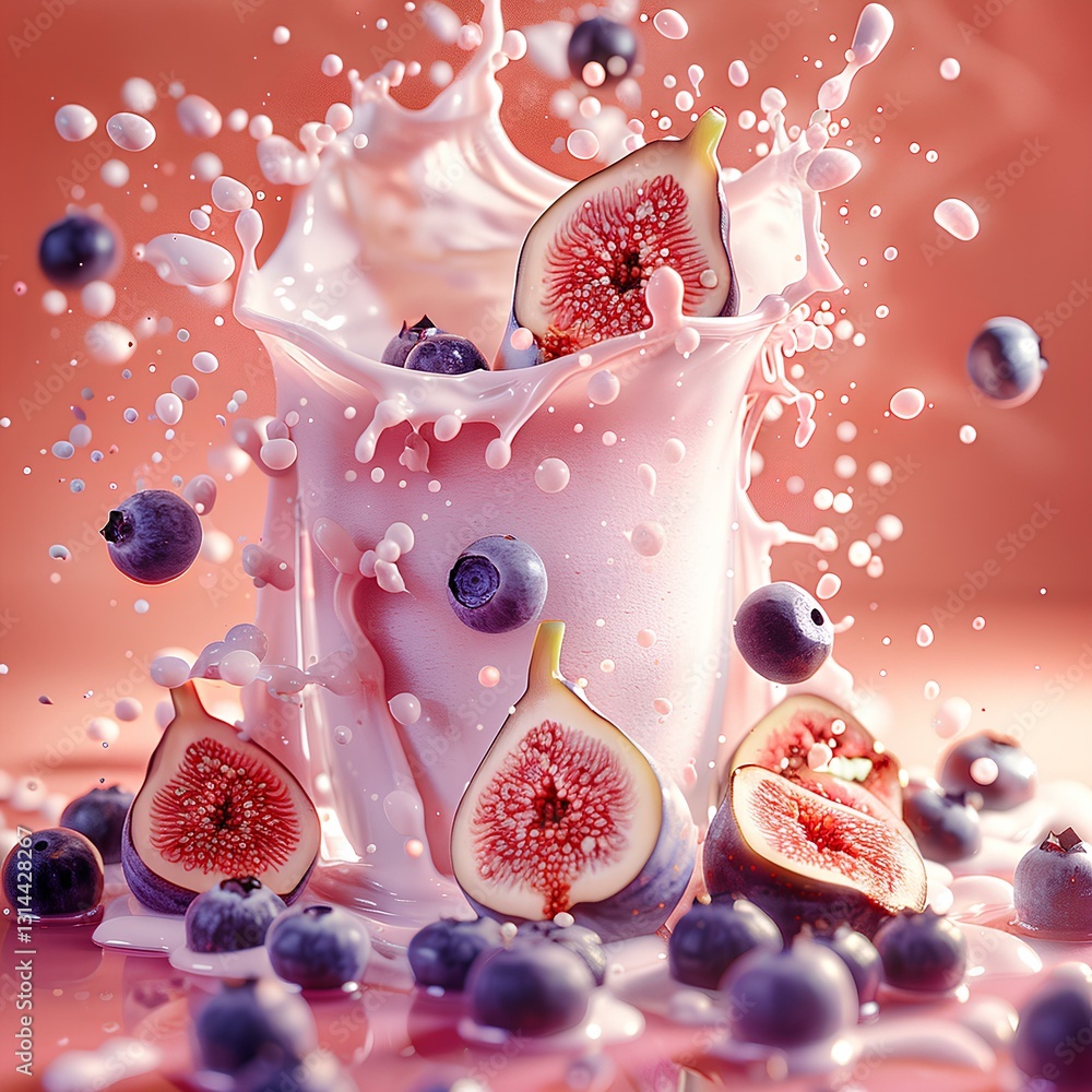 advertising poster for milk tea with figs and blueberry on a pink background with a white smoke effect. The poster depicts splashing milk around a glass cup surrounded by scattered figs and blueberrie