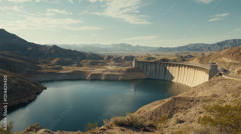 Obraz premium A wide-angle view of a dam and its reservoir, showcasing the natural landscape, with mountains in the background and the water glistening in the sunlight