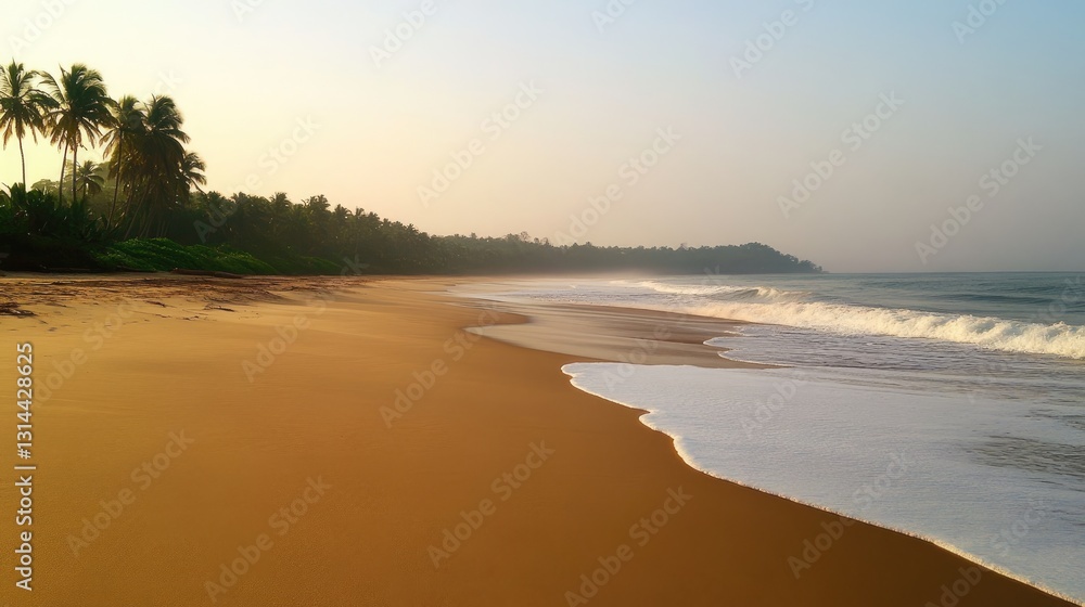 Naklejka premium Tranquil Beach Scene at Sunrise with Gentle Waves and Lush Palm Trees in Background