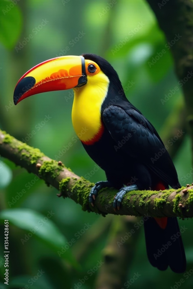 Keel-billed toucan resting on mossy rainforest branch , jungle scene, birdwatching Keel-billed toucan resting on mossy rainforest branch , jungle scene, birdwatching