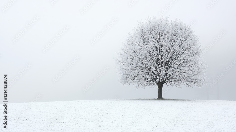 Fototapeta premium Snowy Tree in Minimalist Landscape Under Foggy Sky