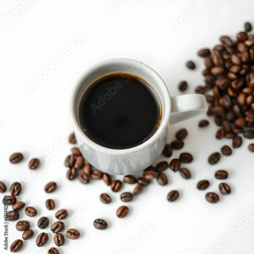 Coffee cup, dark roast, white ceramic mug, scattered coffee beans, overhead view, high contrast, minimalist composition, product photography, aromatic, rich texture, close-up, studio lighting