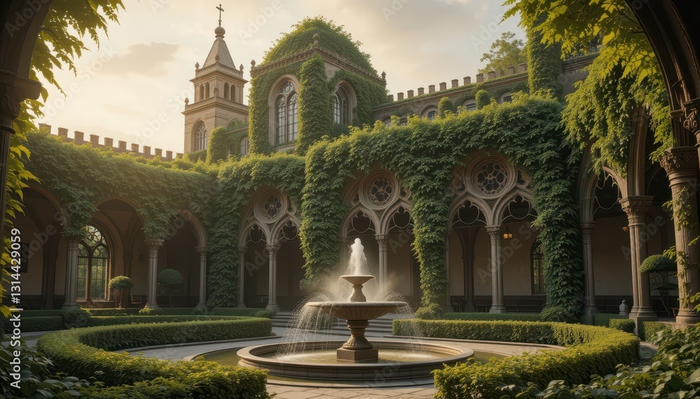 Obraz premium Serene Courtyard Garden Fountain Ivy Covered Gothic Architecture at Sunrise