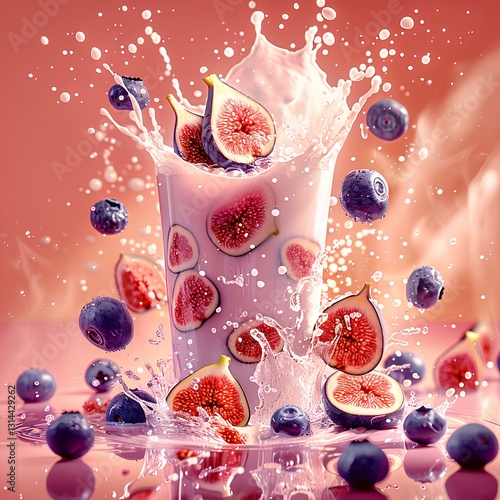 advertising poster for milk tea with figs and blueberry on a pink background with a white smoke effect. The poster depicts splashing milk around a glass cup surrounded by scattered figs and blueberrie