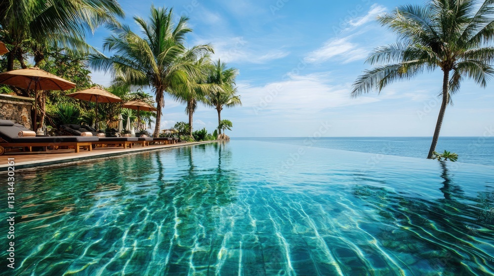 Serene Infinity Pool with Palm Trees Overlooking Tranquil Ocean Under Clear Blue Sky Serene Infinity Pool with Palm Trees Overlooking Tranquil Ocean Under Clear Blue Sky