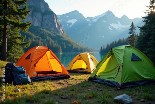 Three camping tents forming a triangle, backpacks nearby, sunset, forest, camping