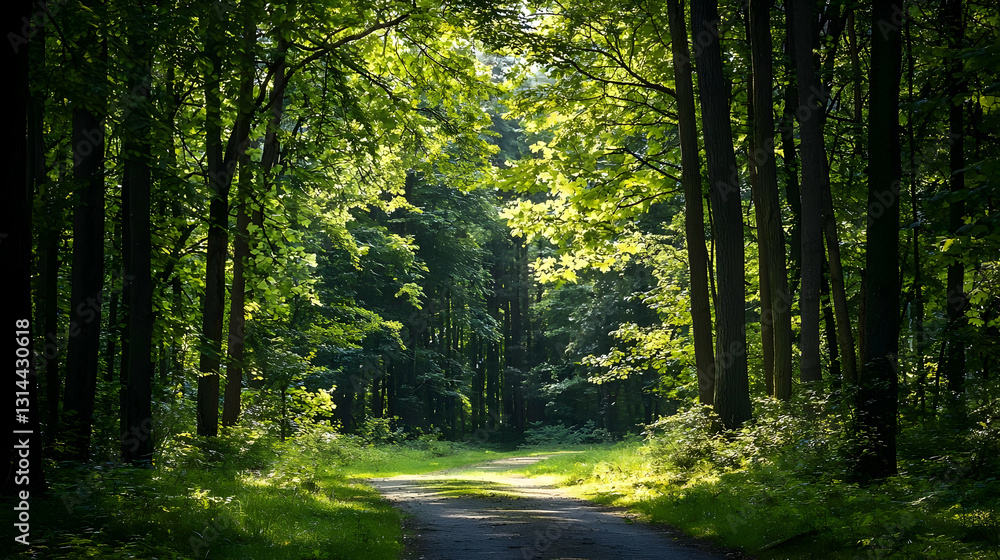 Obraz premium Sunlit Path Through Dense Green Forest Trees and Lush Foliage Creating a Serene and Tranquil Outdoor Landscape Scene