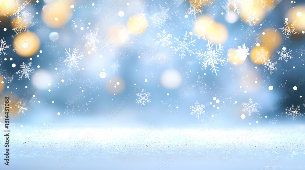 Sparkling Snowflakes Falling on a Glittering Snow Covered Surface Against a Soft Blue Background with Golden Bokeh Lights Festive Christmas Winter