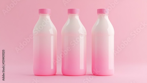 White plastic bottle with a pink gradient color on a pastel background, a mockup of a milk or juice product design template