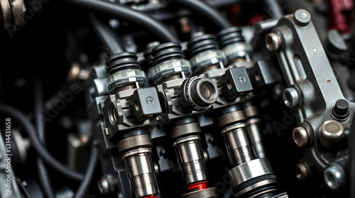Detail of modern diesel engine repair, closeup of injectors in cylinder head with camshaft