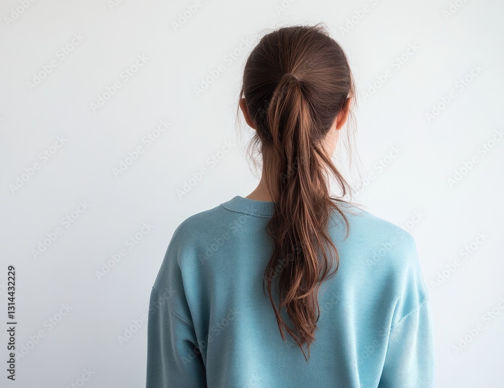 Woman in a teal sweatshirt, viewed from behind. Her hair is tied back and falls straight to the side. Woman in a teal sweatshirt, viewed from behind. Her hair is tied back and falls straight to the side.
