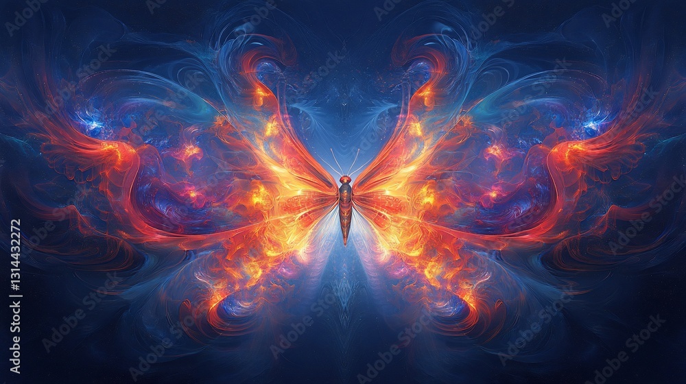 Fototapeta premium Fiery Butterfly Wings, Abstract Art, Dark Background