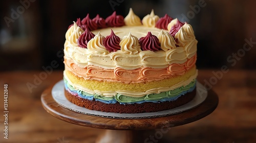 A beautifully decorated rainbow cake with colorful layers and creamy frosting. photo