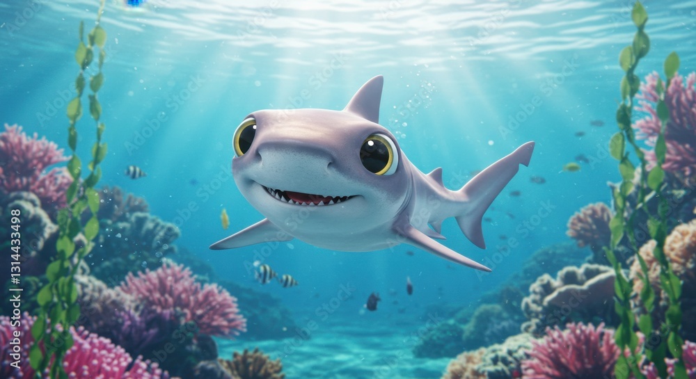 Fototapeta premium Playful cartoon shark swimming through vibrant coral reef with colorful fish in clear water