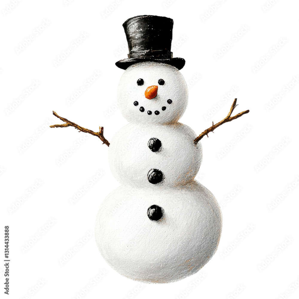 A cheerful snowman with a black hat, a carrot nose, and twig arms, featuring buttons made of coal. A cheerful snowman with a black hat, a carrot nose, and twig arms, featuring buttons made of coal.