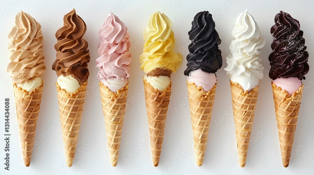 Assorted ice cream waffle cones in a row with different flavors isolated on white background.