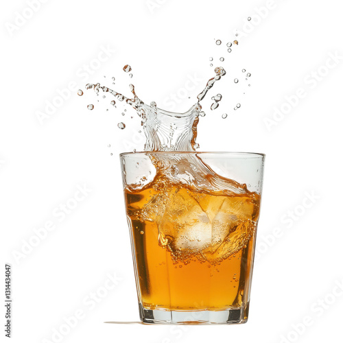 A glass of amber liquid splashes as ice cubes drop into it, creating dynamic ripples and droplets.