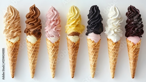 Obraz na płótnie Assorted ice cream waffle cones in a row with different flavors isolated on white background. w salonie
