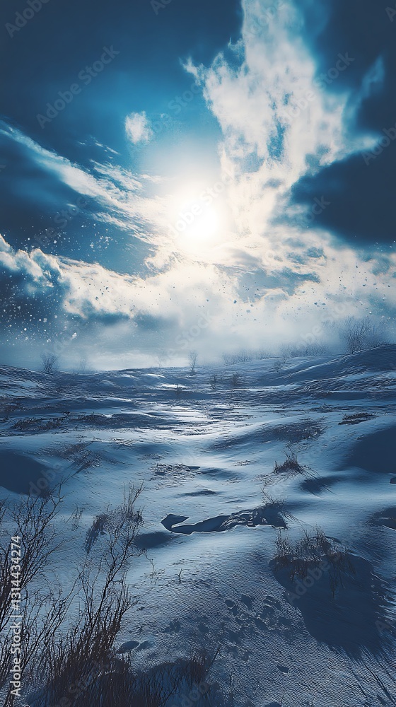 Obraz premium A serene winter landscape with snow-covered ground and a bright sun illuminating the sky.