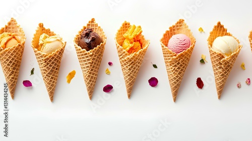 Obraz na płótnie Assorted ice cream waffle cones in a row with different flavors isolated on white background. w salonie