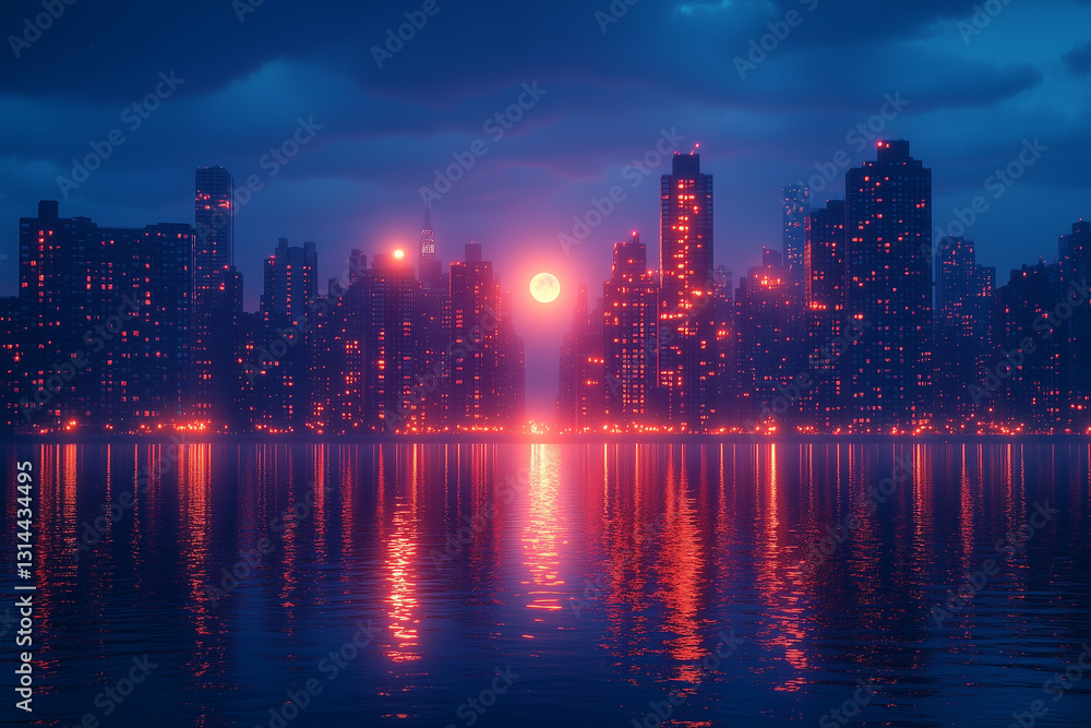 Fototapeta premium Starry Night with Cityscape and Full Moon