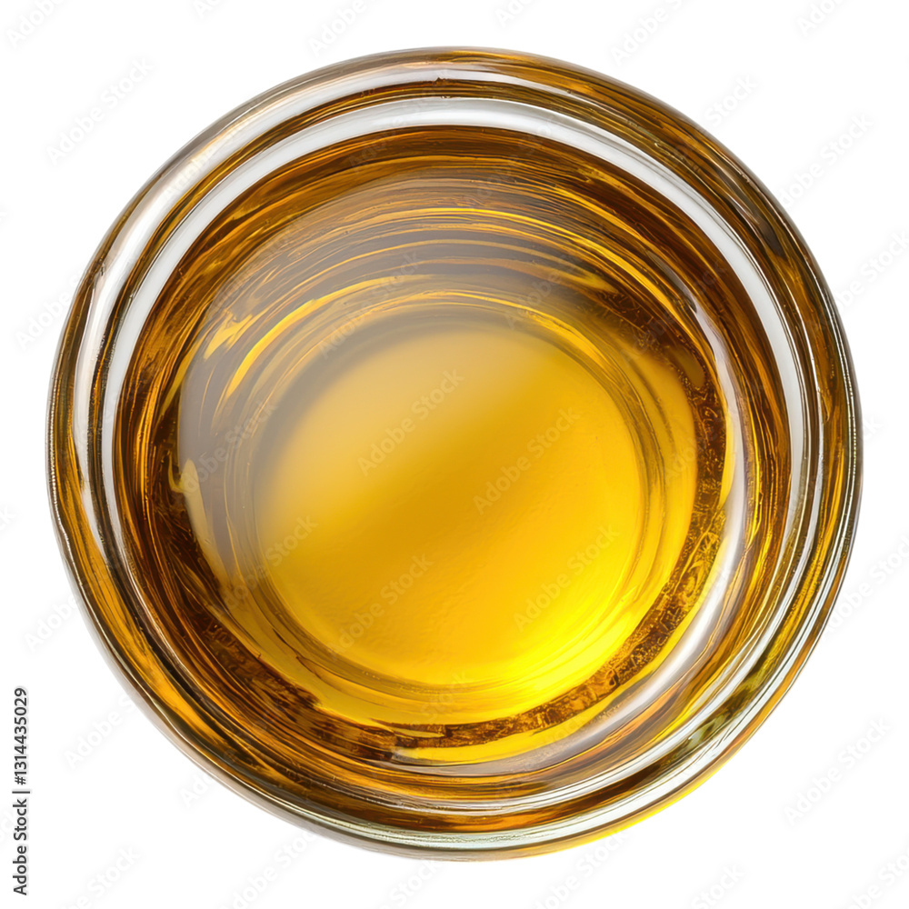 A top-down view of a glass filled with golden liquid. A top-down view of a glass filled with golden liquid.