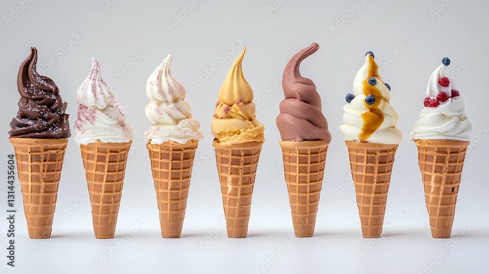 Assorted ice cream waffle cones in a row with different flavors isolated on white background.