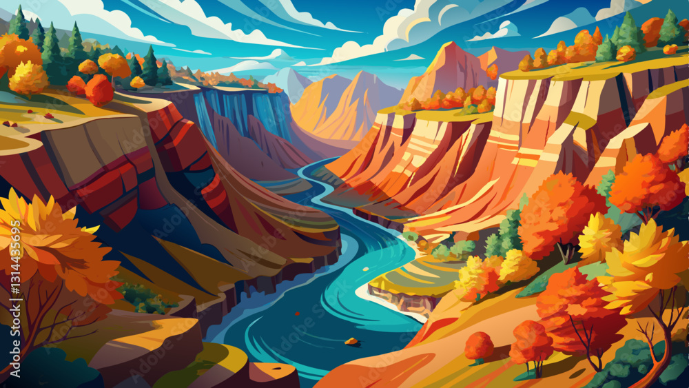 Experience breathtaking beauty of a fall canyon, with its vibrant leaves, meandering river, and awe-inspiring transformation of nature's artistic masterpiece, all from a magnificent elevated Experience breathtaking beauty of a fall canyon, with its vibrant leaves, meandering river, and awe-inspiring transformation of nature's artistic masterpiece, all from a magnificent elevated